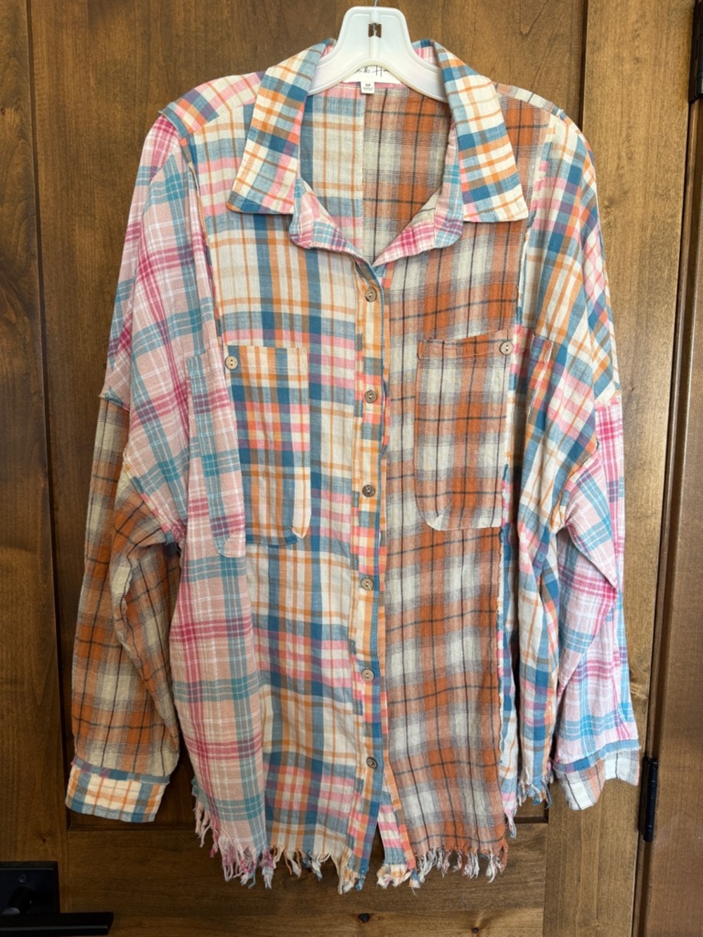 Plaid Button-Up Shirt Jacket in Orange, Pink & Blue